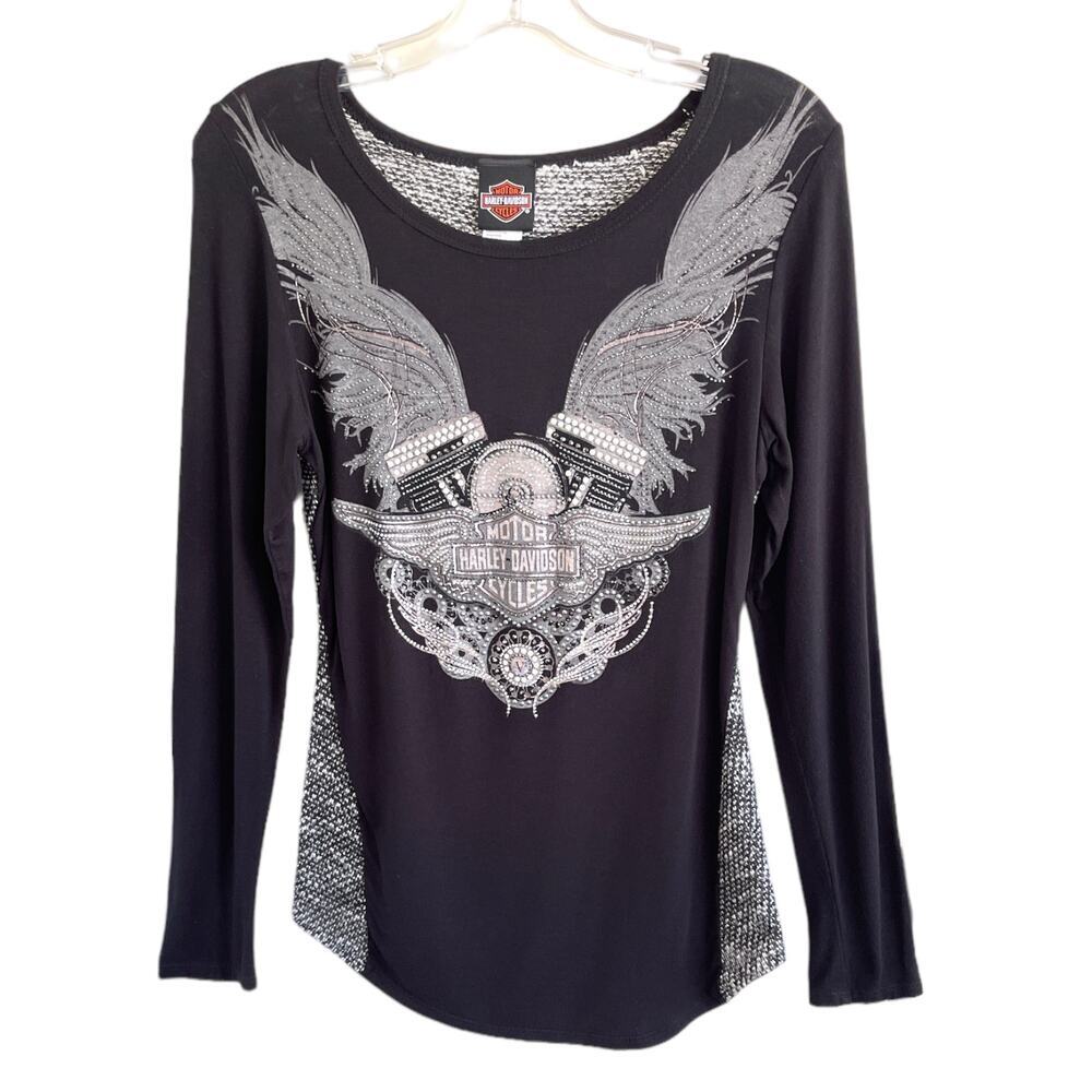 Harley Davidson Wms Sz S Rhinestone Graphic Long Slv T-Shirt Biker Rocker Street - Picture 2 of 12